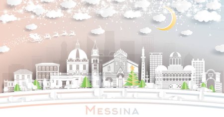 Messine Sicile Italie City Skyline en style Paper Cut avec flocons de neige, lune et guirlande de néon. Illustration vectorielle. Noël et Nouvel An. Père Noël en traîneau. Paysage urbain de Messine avec des monuments.