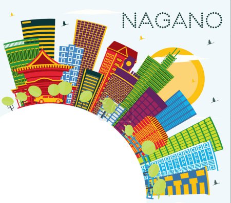 Téléchargez les illustrations : Nagano Japan City Skyline avec bâtiments couleur, ciel bleu et espace de copie. Illustration vectorielle. Concept de voyage et de tourisme avec architecture moderne. Paysage urbain de Nagano avec des monuments. - en licence libre de droit
