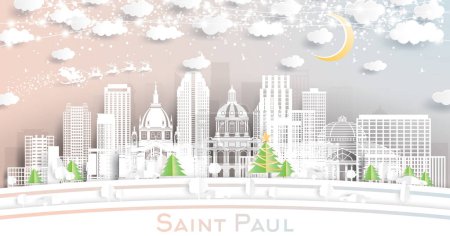Illustration for Saint Paul Minnesota City Skyline in Paper Cut Style with Snowflakes, Moon and Neon Garland. Vector Illustration. Christmas and New Year Concept. Santa Claus on Sleigh. Saint Paul Cityscape. - Royalty Free Image