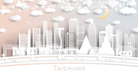 Ilustración de Taichung Taiwan City Skyline en estilo de corte de papel con edificios blancos, luna y guirnalda de neón. Ilustración vectorial. Concepto de Viajes y Turismo. Taichung Paisaje urbano con lugares de interés. - Imagen libre de derechos