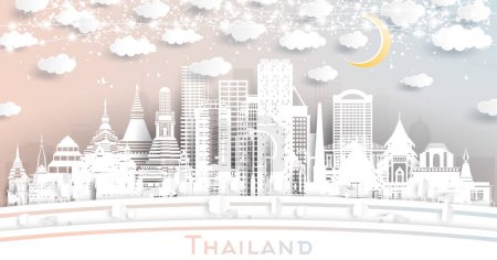 Téléchargez les illustrations : Thailand City Skyline en style Paper Cut avec bâtiments blancs, lune et guirlande au néon. Illustration vectorielle. Concept Voyage et Tourisme. Thaïlande Paysage urbain avec des monuments. - en licence libre de droit
