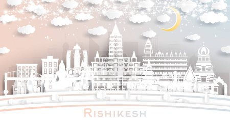 Illustration for Rishikesh India City Skyline in Paper Cut Style with White Buildings, Moon and Neon Garland. Vector Illustration. Business Travel and Tourism Concept. Rishikesh Cityscape with Landmarks. - Royalty Free Image