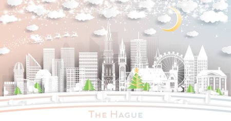Den Haag Niederlande City Skyline im Paper Cut Stil mit Schneeflocken, Mond und Neon Girland. Vektorillustration. Weihnachten und Neujahr. Weihnachtsmann auf Schlitten. Wahrzeichen von Den Haag.