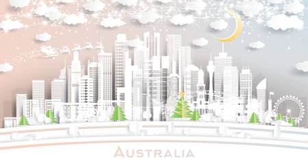 Ilustración de Australia City Skyline en Paper Cut Style con copos de nieve, luna y guirnalda de neón. Ilustración vectorial. Concepto de Navidad y Año Nuevo. Papá Noel en trineo. Paisaje urbano de Australia con hitos. - Imagen libre de derechos