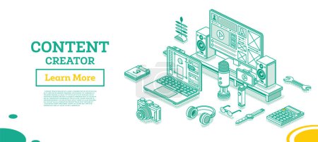 Illustration for Content creator. Isometric Outline Concept. Vector Illustration. Blog Content Strategy. Laptop with Microphone, Gimbal Stabilizer for Smartphone, Camera and Headphones Isolated on White. - Royalty Free Image