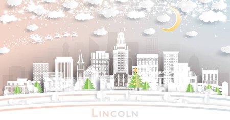 Ilustración de Lincoln Nebraska City Skyline in Paper Cut Style with Snowflakes, Moon and Neon Garland (en inglés). Ilustración vectorial. Concepto de Navidad y Año Nuevo. Papá Noel en trineo. Monumentos de Lincoln USA Cityscape. - Imagen libre de derechos