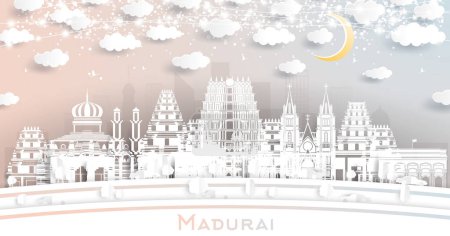 Illustration for Madurai India City Skyline in Paper Cut Style with White Buildings, Moon and Neon Garland. Vector Illustration. Business Travel and Tourism Concept. Madurai Cityscape with Landmarks. - Royalty Free Image