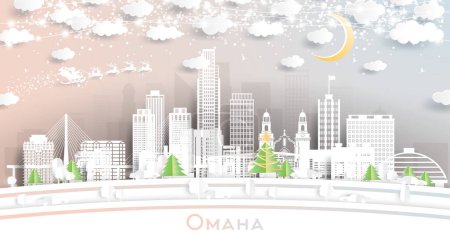 Illustration for Omaha Nebraska City Skyline in Paper Cut Style with Snowflakes, Moon and Neon Garland. Vector Illustration. Christmas and New Year Concept. Santa Claus on Sleigh. Omaha USA Cityscape Landmarks - Royalty Free Image