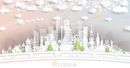 Ilustración de Russia Winter Skyline in Paper Cut Style with Snowflakes, Moon and Neon Garland (en inglés). Ilustración vectorial. Concepto de Navidad y Año Nuevo. Papá Noel en trineo. Paisaje urbano de Rusia con hitos. - Imagen libre de derechos