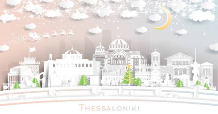 Illustration for Thessaloniki Greece. Winter City Skyline in Paper Cut Style with Snowflakes, Moon and Neon Garland. Christmas and New Year Concept. Santa Claus on Sleigh. Thessaloniki Cityscape with Landmarks. - Royalty Free Image