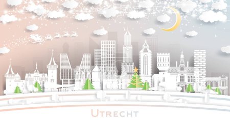 Illustration for Utrecht Netherlands City Skyline in Paper Cut Style with Snowflakes, Moon and Neon Garland. Vector Illustration. Christmas and New Year Concept. Santa Claus on Sleigh. Utrecht Cityscape Landmarks. - Royalty Free Image