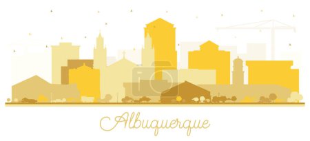 Téléchargez les illustrations : Albuquerque New Mexico City Skyline Silhouette avec des bâtiments dorés isolés sur blanc. Illustration vectorielle. Albuquerque USA Paysage urbain avec des monuments. Voyages d'affaires et tourisme Concept. - en licence libre de droit
