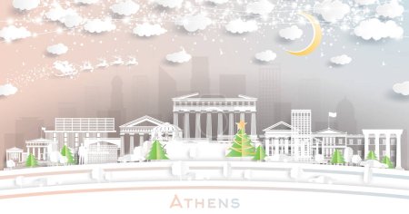 Illustration for Athens Greece. Winter City Skyline in Paper Cut Style with Snowflakes, Moon and Neon Garland. Christmas and New Year Concept. Santa Claus on Sleigh. Athens Cityscape with Landmarks. - Royalty Free Image