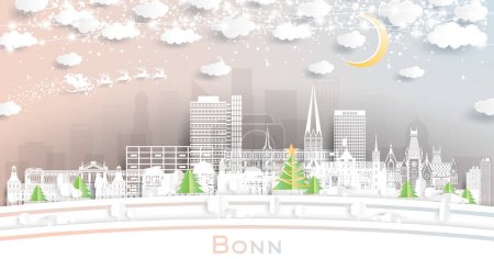 Ilustración de Bonn Alemania City Skyline en estilo de corte de papel con copos de nieve, luna y guirnalda de neón. Ilustración vectorial. Concepto de Navidad y Año Nuevo. Papá Noel en trineo. Bonn Paisaje urbano con lugares de interés. - Imagen libre de derechos