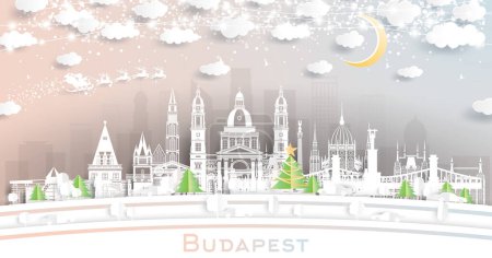 Illustration for Budapest Hungary. Winter City Skyline in Paper Cut Style with Snowflakes, Moon and Neon Garland. Christmas and New Year Concept. Santa Claus on Sleigh. Budapest Cityscape with Landmarks. - Royalty Free Image