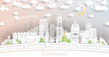 Illustration for Chisinau Moldova. Winter City Skyline in Paper Cut Style with Snowflakes, Moon and Neon Garland. Christmas and New Year Concept. Santa Claus on Sleigh. Kishinev Cityscape with Landmarks. - Royalty Free Image
