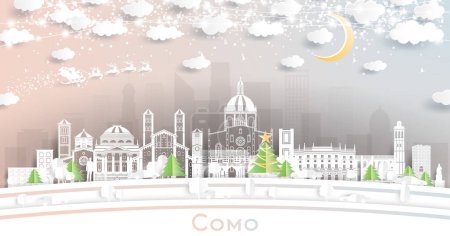 Ilustración de Como Italia City Skyline en Paper Cut Style con copos de nieve, luna y guirnalda de neón. Ilustración vectorial. Concepto de Navidad y Año Nuevo. Papá Noel en trineo. Paisaje urbano de Como con lugares de interés - Imagen libre de derechos