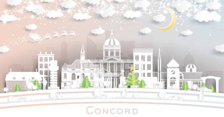 Illustration for Concord New Hampshire. Winter City Skyline in Paper Cut Style with Snowflakes, Moon and Neon Garland. Christmas and New Year Concept. Santa Claus on Sleigh. Concord USA Cityscape with Landmarks. - Royalty Free Image
