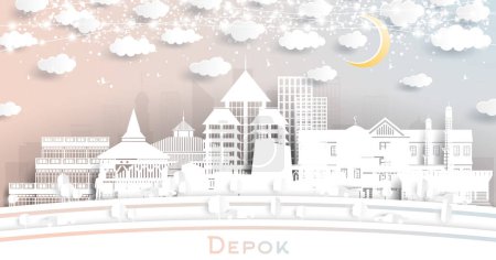 Illustration for Depok Indonesia City Skyline in Paper Cut Style with White Buildings, Moon and Neon Garland. Vector Illustration. Travel and Tourism Concept. Depok Cityscape with Landmarks. - Royalty Free Image
