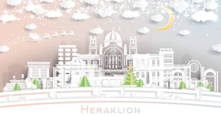 Illustration for Heraklion Greece. Winter City Skyline in Paper Cut Style with Snowflakes, Moon and Neon Garland. Christmas and New Year Concept. Santa Claus on Sleigh. Heraklion Cityscape with Landmarks. - Royalty Free Image