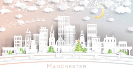 Illustration for Manchester New Hampshire. Winter City Skyline in Paper Cut Style with Snowflakes, Moon and Neon Garland. Christmas and New Year Concept. Santa Claus on Sleigh. Manchester Cityscape with Landmarks. - Royalty Free Image