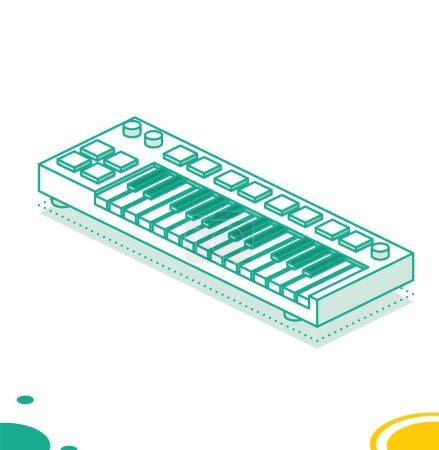 Illustration for Midi Keyboard with Pads and Faders. Isometric Outline Concept. Vector Illustration. Object Isolated on White. - Royalty Free Image