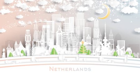 Illustration for Netherlands Skyline in Paper Cut Style with Snowflakes, Moon and Neon Garland. Vector Illustration. Christmas and New Year Concept. Santa Claus on Sleigh. Netherlands Cityscape with Landmarks. - Royalty Free Image