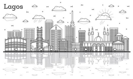 Téléchargez les illustrations : Contour Lagos Nigeria City Skyline avec des bâtiments modernes et des reflets isolés sur blanc. Illustration vectorielle. Paysage urbain de Lagos avec des monuments. - en licence libre de droit