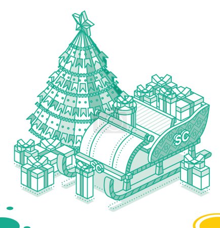 Illustration for Isometric Open Sleigh with Bunch Gift Boxes and Christmas Tree. Outline Concept. Vector Illustration. Merry Christmas and Happy New Year Design Element. - Royalty Free Image