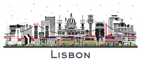 Illustration for Lisbon Portugal City Skyline with Color Buildings Isolated on White. Vector Illustration. Lisbon Cityscape with Landmarks. Business Travel and Tourism Concept with Historic Architecture. - Royalty Free Image