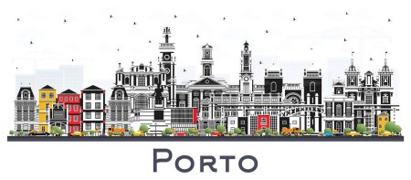 Porto Portugal City Skyline with Color Buildings Isolated on Whte.
