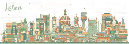Téléchargez les illustrations : Lisbonne Portugal City Skyline avec bâtiments de couleur. Illustration vectorielle. Paysage urbain de Lisbonne avec des monuments. Voyages d'affaires et tourisme Concept avec architecture historique. - en licence libre de droit