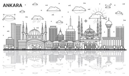 Téléchargez les illustrations : Décrivez Ankara Turkey City Skyline avec des bâtiments historiques et des reflets isolés sur blanc. Illustration vectorielle. Paysage urbain d'Ankara avec des monuments. - en licence libre de droit