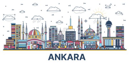 Téléchargez les illustrations : Décrivez Ankara Turkey City Skyline avec des bâtiments colorés historiques isolés sur blanc. Illustration vectorielle. Paysage urbain d'Ankara avec des monuments. - en licence libre de droit