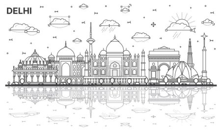 Téléchargez les illustrations : Décrivez Delhi India City Skyline avec des bâtiments historiques et des reflets isolés sur blanc. Illustration vectorielle. Delhi Paysage urbain avec des monuments. - en licence libre de droit