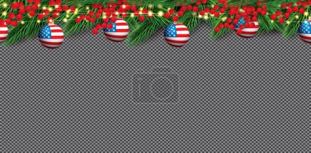 Illustration for Christmas Border with Fir Branches, Holly Berries and Balls with USA Flag. Neon Garland with Yellow Lights. Vector Illustration. Merry Christmas and Happy New Year. - Royalty Free Image
