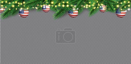 Illustration for Christmas Border with Fir Branches and Balls with USA Flag. Neon Garland with Yellow Lights. Vector Illustration. Merry Christmas and Happy New Year. - Royalty Free Image