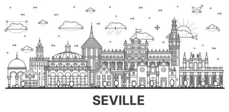 Illustration for Outline Seville Spain City Skyline with Historic Buildings Isolated on White. Vector Illustration. Seville Cityscape with Landmarks. - Royalty Free Image