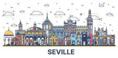 Téléchargez les illustrations : Plan de la ville de Séville Espagne Skyline avec des bâtiments historiques colorés isolés sur blanc. Illustration vectorielle. Paysage urbain de Séville avec des monuments. - en licence libre de droit