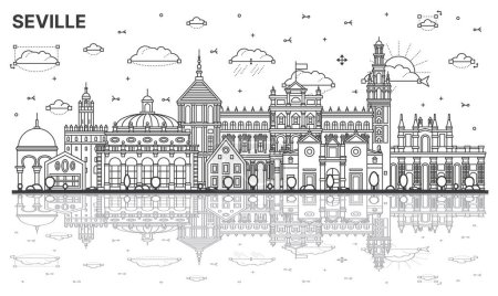 Illustration for Outline Seville Spain City Skyline with Historic Buildings and Reflections Isolated on White. Vector Illustration. Seville Cityscape with Landmarks. - Royalty Free Image