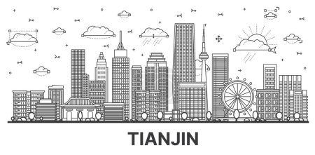 Illustration for Outline Tianjin China City Skyline with Modern Buildings Isolated on White. Vector Illustration. Tianjin Cityscape with Landmarks. - Royalty Free Image