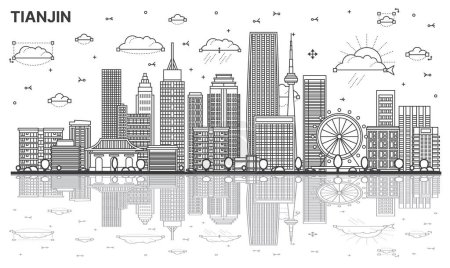 Illustration for Outline Tianjin China City Skyline with Modern Buildings and Reflections Isolated on White. Vector Illustration. Tianjin Cityscape with Landmarks. - Royalty Free Image