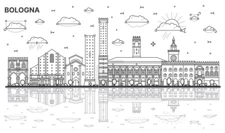 Ilustración de Esquema Bologna Italia Ciudad Skyline con edificios históricos y reflexiones aisladas en blanco. Ilustración vectorial. Paisaje urbano de Bolonia con monumentos. - Imagen libre de derechos