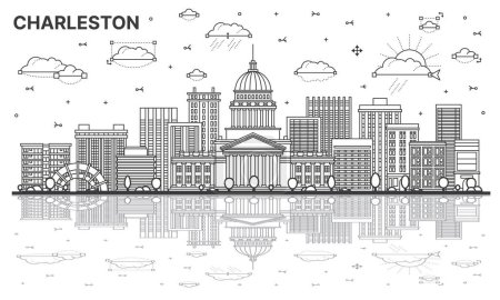 Illustration for Outline Charleston West Virginia USA City Skyline with Modern Buildings and Reflections Isolated on White. Vector Illustration. Charleston Cityscape with Landmarks. - Royalty Free Image