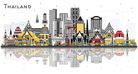 Téléchargez les illustrations : Thailand City Skyline with Color Buildings and Reflections Isolated on White. Vector Illustration. Tourism Concept with Historic Architecture. Thailand Cityscape with Landmarks. - en licence libre de droit
