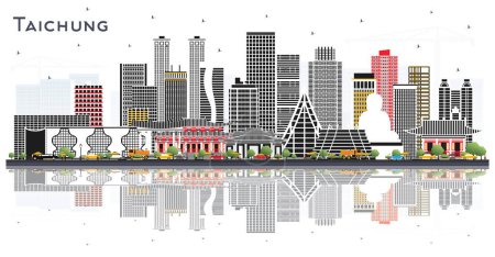 Illustration for Taichung Taiwan City Skyline with Gray Buildings and Reflections Isolated on White. Vector Illustration. Tourism Concept with Historic Architecture. Taichung China Cityscape with Landmarks. - Royalty Free Image