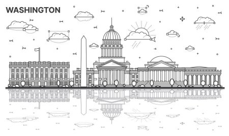 Illustration for Outline Washington DC City Skyline with Historic Buildings and Reflections Isolated on White. Vector Illustration. Washington DC USA Cityscape with Landmarks. - Royalty Free Image