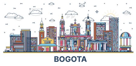 Illustration for Outline Bogota Colombia City Skyline with Colored Historic Buildings Isolated on White. Vector Illustration. Bogota Cityscape with Landmarks. - Royalty Free Image