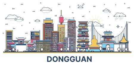 Illustration for Outline Dongguan China City Skyline with Colored Historic and Modern Buildings Isolated on White. Vector Illustration. Dongguan Cityscape with Landmarks. - Royalty Free Image