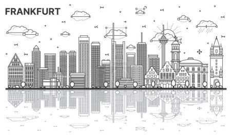 Illustration for Outline Frankfurt Germany City Skyline with Modern Buildings and Reflections Isolated on White. Vector Illustration. Frankfurt Cityscape with Landmarks - Royalty Free Image
